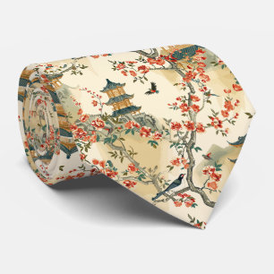 Elegant Chinoiserie - Pagodas, Blossoms, and Birds Tie