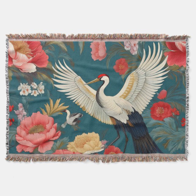 Elegant chinoiserie peonies & crane birds  throw blanket (Front)