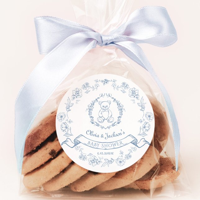 Elegant Chinoiserie wreath teddy bear Baby shower Classic Round Sticker (Creator Uploaded)