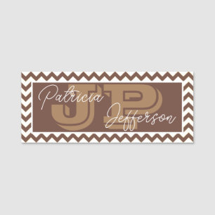 Elegant Chocolate Brown Chevron Unique Monogrammed Name Tag