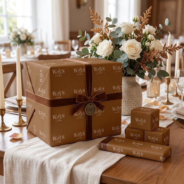 Elegant Chocolate Brown initial wedding couples Wrapping Paper (Creator Uploaded)
