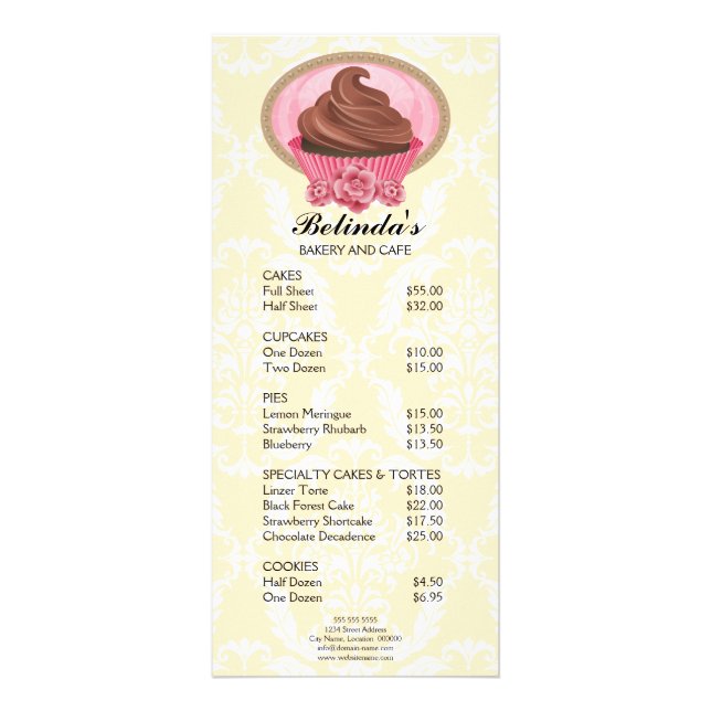 Elegant Chocolate Cupcake Bakery Price List Rack Card (Front)