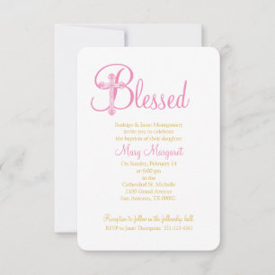 elegant CHRISTENING or BAPTISM pink gold cross Invitation