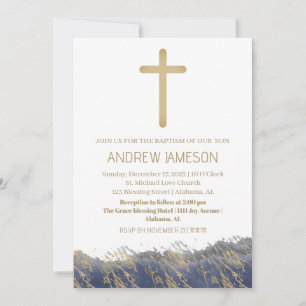 Elegant Christian Blue Gold Cross   Baptism Invitation