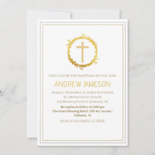Elegant Christian Blue Gold Cross   Baptism Invitation