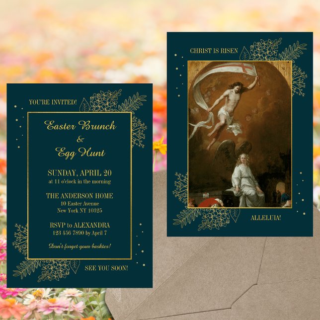 Elegant Christian Catholic Easter Brunch Egg Hunt Invitation (Elegant Christian Catholic Resurrection Jesus Christ is risen Easter Brunch Egg Hunt Invitation)