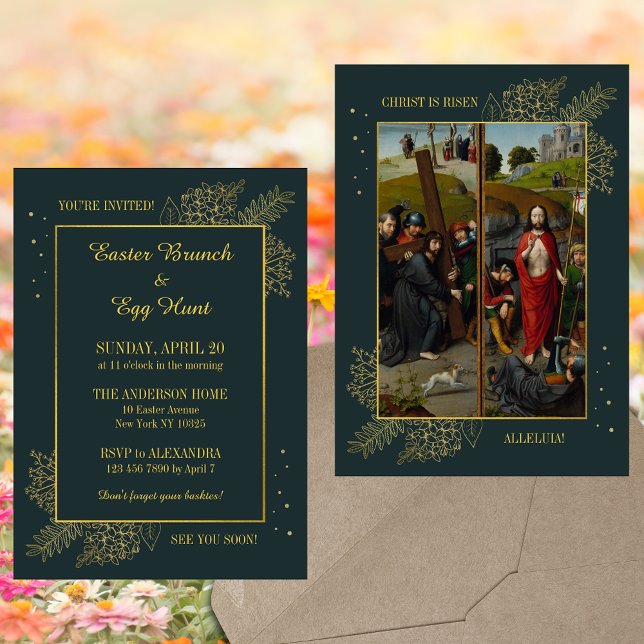 Elegant Christian Catholic Easter Brunch Egg Hunt Invitation (Elegant Religious Christian Catholic Resurrection Christ is risen Easter Brunch Egg Hunt Invitation)