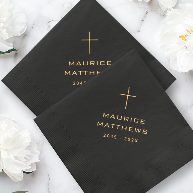 Elegant Christian cross name date black funeral Foil Napkins (Elegant Christian cross name date black funeral Foil Napkins)