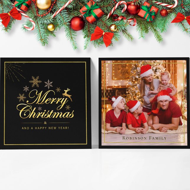 Elegant Christmas 1 Photo Black and Gold Script  Card (Creator Uploaded)