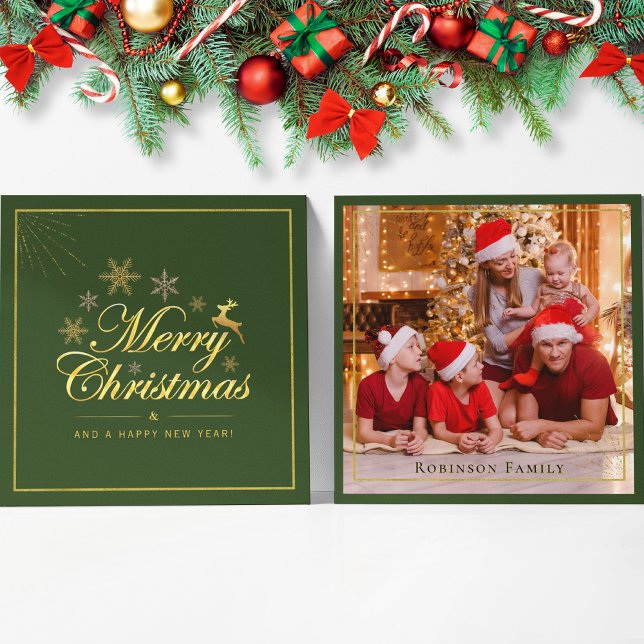 Elegant Christmas 1 Photo Green and Gold Script   Card (Creator Uploaded)