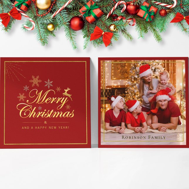 Elegant Christmas 1 Photo Red and Gold Script Card (Creator Uploaded)