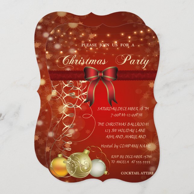 Elegant Christmas Balls, Bow Corporate Party Invitation (Front/Back)