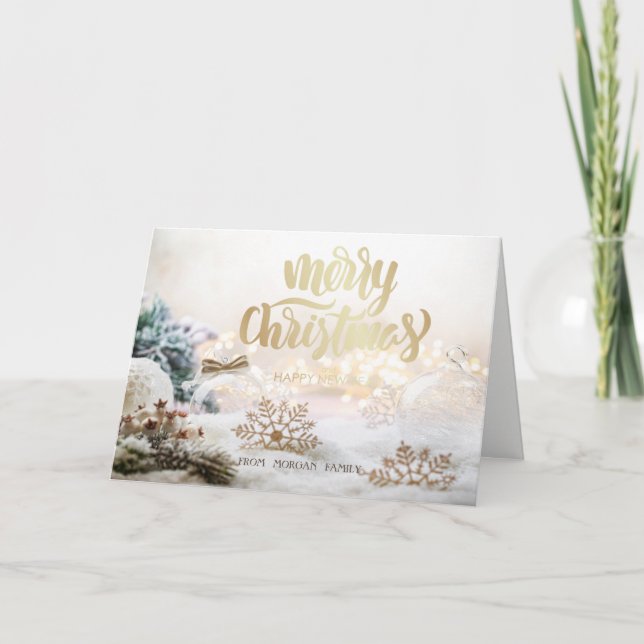 Elegant Christmas Balls Gold Snowflakes Holiday Card (Front)