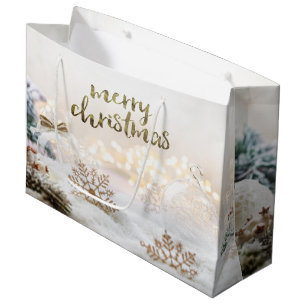 Elegant Christmas Balls Gold Snowflakes Holiday Large Gift Bag