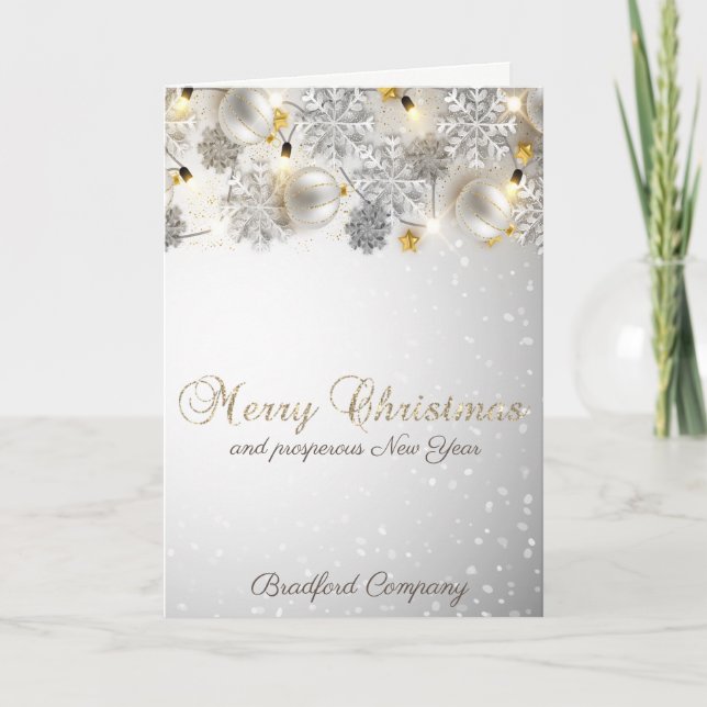 Elegant Christmas Balls,Snowflakes, Lights Company Holiday Card (Front)