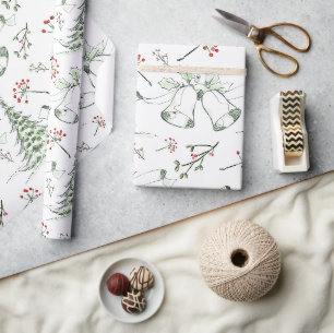 Elegant Christmas Bells & Holly Sketch Wrapping Paper