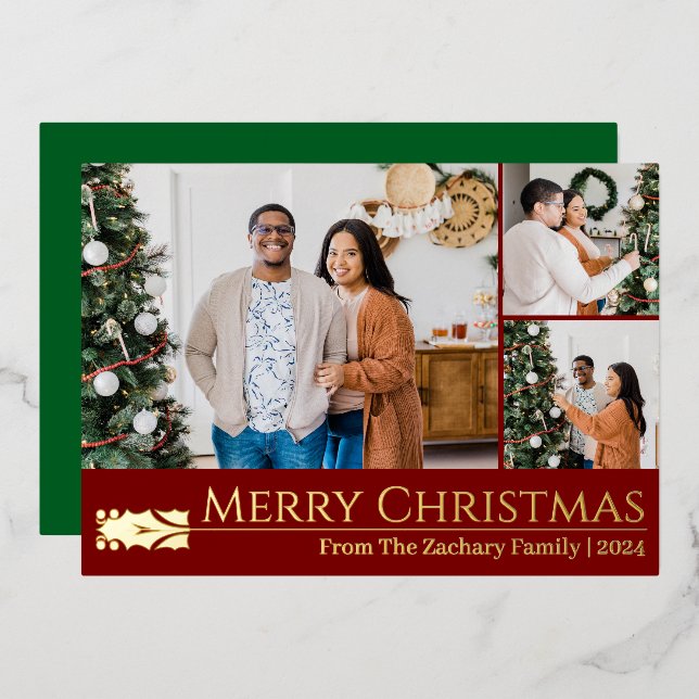 Elegant Christmas Berry Leaf Family Photo Collage (Front/Back)