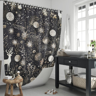 Elegant Christmas Black Modern Festive Shower Curtain