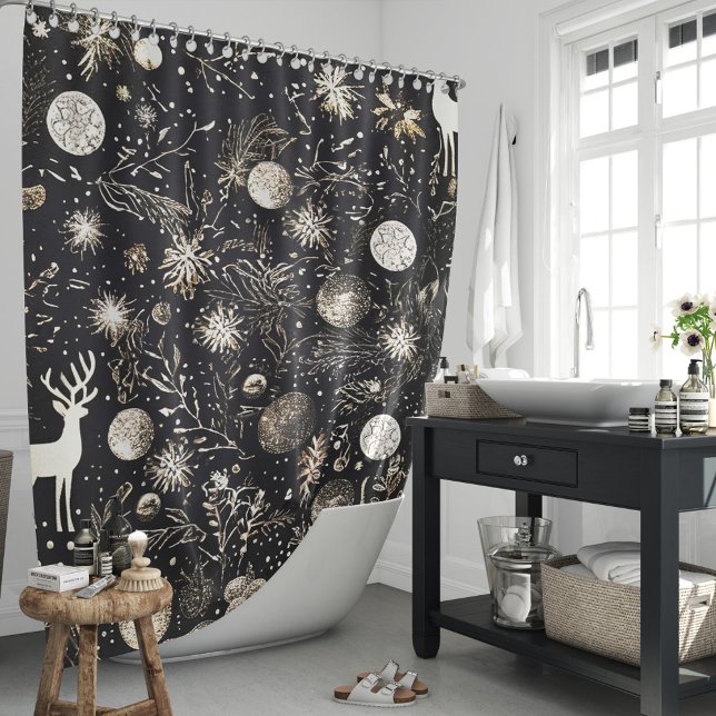 Elegant Christmas Black Modern Festive Shower Curtain (Elegant Christmas Black Modern Festive Shower Curtain)