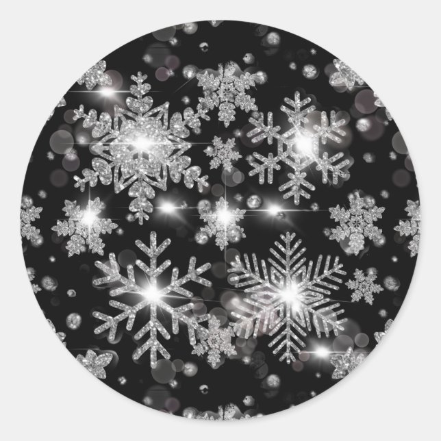 Elegant Christmas black white silver snowflakes Classic Round Sticker (Front)