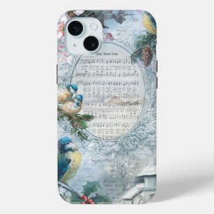 Elegant Christmas Bluebirds and Music Collage iPhone 15 Mini Case