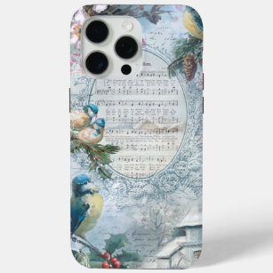 Elegant Christmas Bluebirds and Music Collage iPhone 15 Pro Max Case