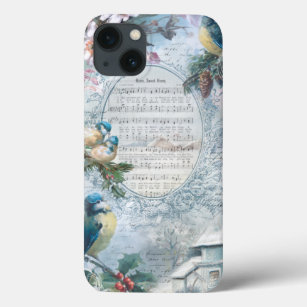 Elegant Christmas Bluebirds and Music Collage iPhone 13 Case