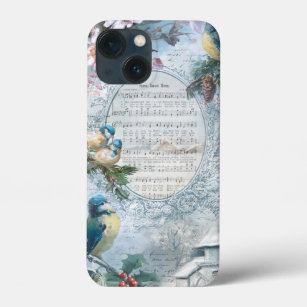 Elegant Christmas Bluebirds and Music Collage iPhone 13 Mini Case