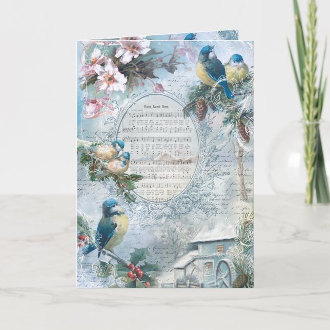Elegant Christmas Bluebirds and Music Collage Holiday Card (Front)