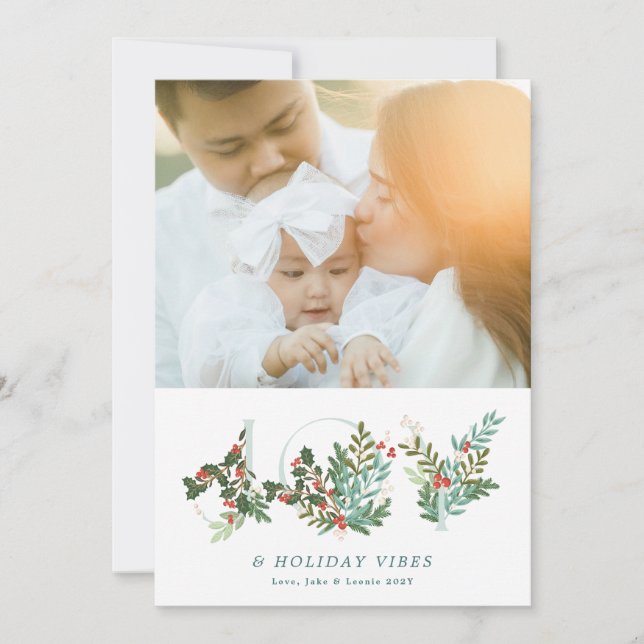 Elegant Christmas Botanical Berries JOY text Photo Holiday Card (Front)