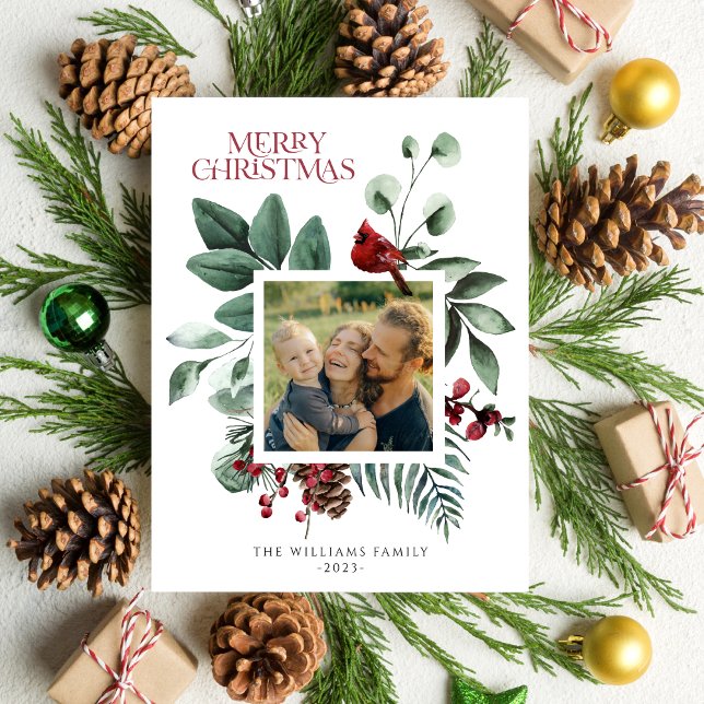 Elegant Christmas Botanical Foliage Square 1 Photo Holiday Postcard (Creator Uploaded)
