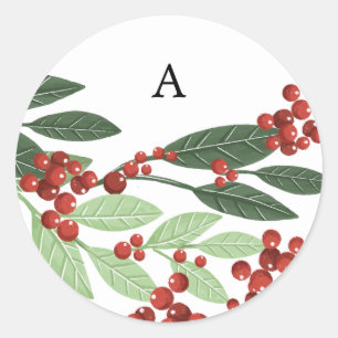 Elegant Christmas Botanical Monogram Envelope Classic Round Sticker