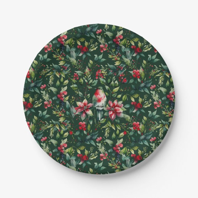 Elegant Christmas Botanical Winter Robin Holiday Paper Plate (Front)
