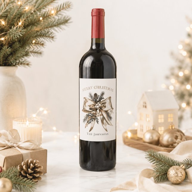 Elegant Christmas Bow Wine Bottle Label (Creator Uploaded)