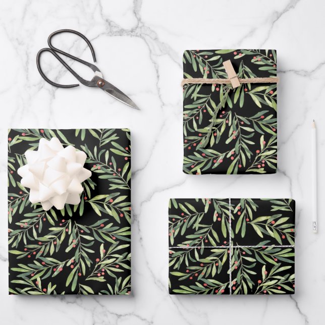 Elegant Christmas Branches and Berries Wrapping Paper Sheet (Front)