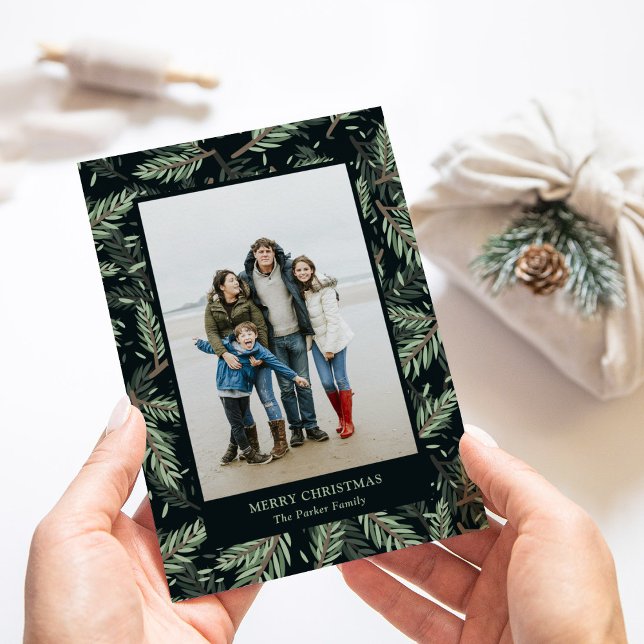 Elegant Christmas Branches on Black | Photo Holiday Card (An elegant holiday photo card with Christmas pine branches on a dark background)