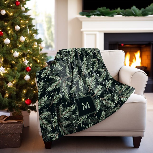 Elegant Christmas Branches on Black with Monogram Fleece Blanket (A stylish holiday blanket with Christmas pine branches and your monogram, on a dark background)