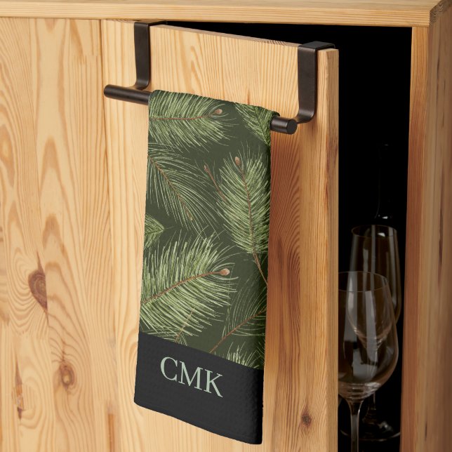 Elegant Christmas Branches on Black with Monogram Tea Towel (Thirds Fold)