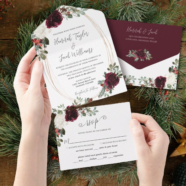 Elegant Christmas Burgundy Winter Wedding All In One Invitation (Creator Uploaded)