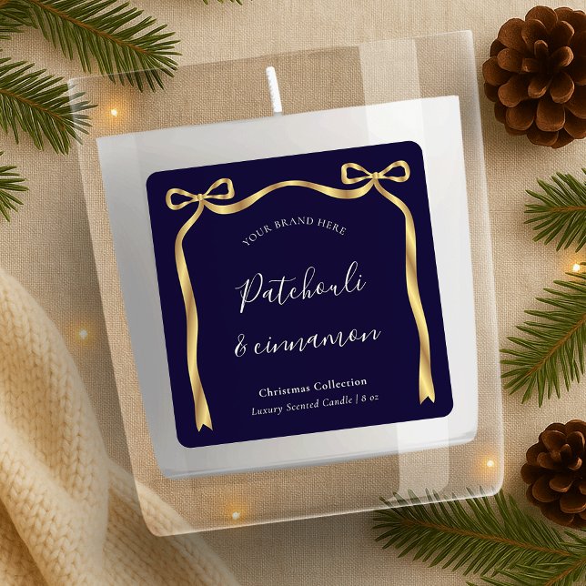 Elegant Christmas Candle Label Navy & Gold Ribbon (Creator Uploaded)