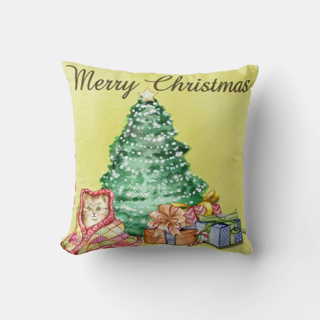 Elegant Christmas Cat Tree Presents Personalised Cushion (Front)