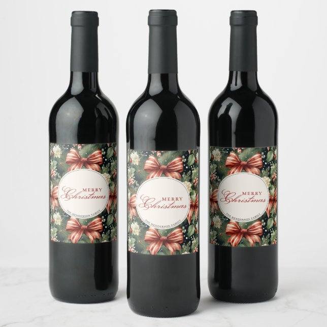 Elegant Christmas Cheer Candy Cane Bows Custom Wine Label (Bottles)