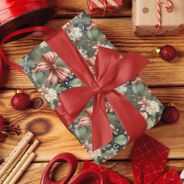 Elegant Christmas Cheer Candy Canes Bow Wrapping Paper (Creator Uploaded)