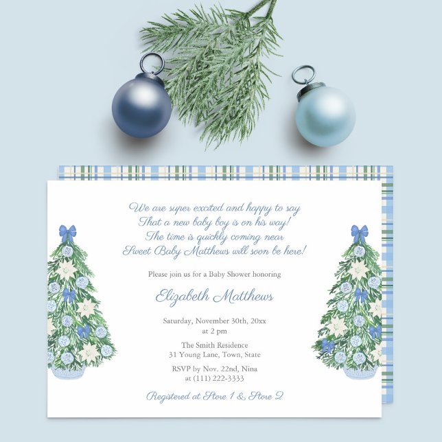 Elegant Christmas Chinoiserie Poem Boy Baby Shower Invitation (Maximalist blue and white decorated holidays tree for Christmas baby shower for boy party invitation)