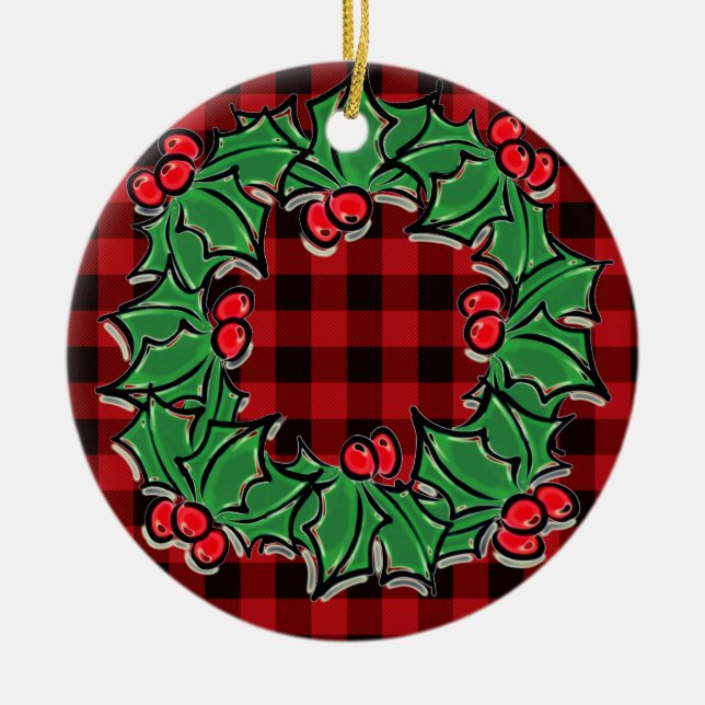 Elegant Christmas classic Red Plaid Holly berries  Ceramic Tree Decoration (Front)