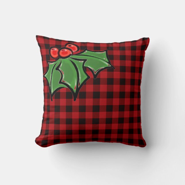Elegant Christmas classic Red Plaid Holly berries  Cushion (Front)