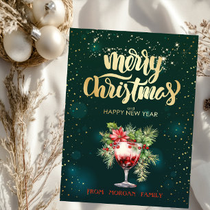Elegant Christmas Cocktail Poinsettia Holiday Card