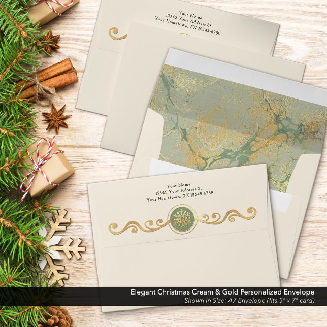 Elegant Christmas Cream & Gold Personalised Envelope (Elegant Christmas Cream & Gold Customized Envelope with a Whimsical Snowflake Design & Your Address)