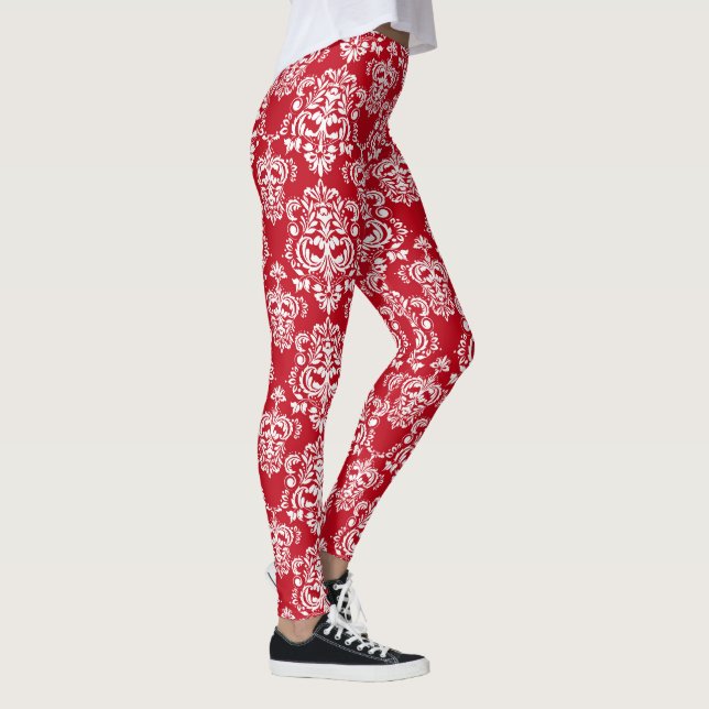 Elegant Christmas Damasks In Red & White Leggings (Right)