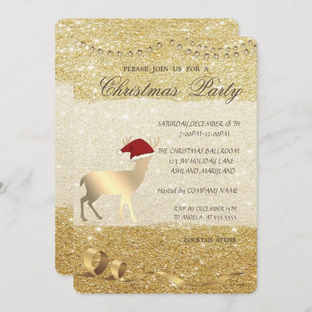 Elegant Christmas Deer ,Glittery ,Christmas Party Invitation (Front/Back)